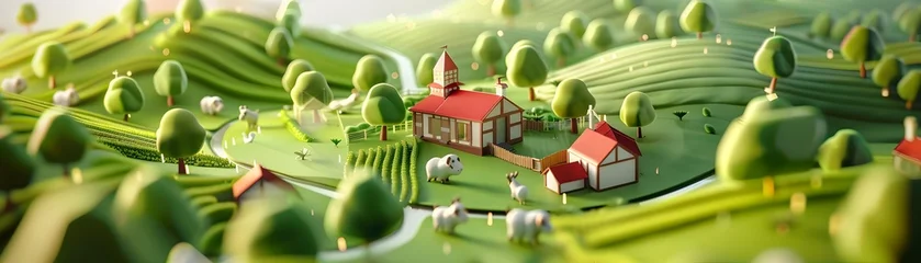 Idyllic Village Landscape with Green Hills and Houses.