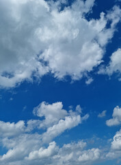 A blue sky with puffy clouds.