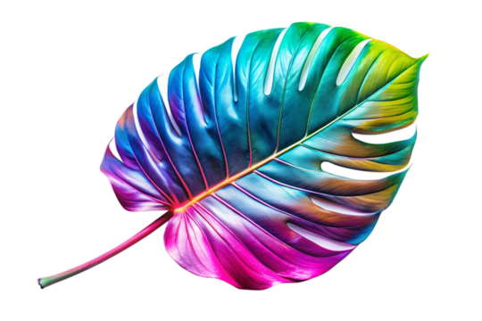 Neon color tropical leaf isolated on the transparent PNG background