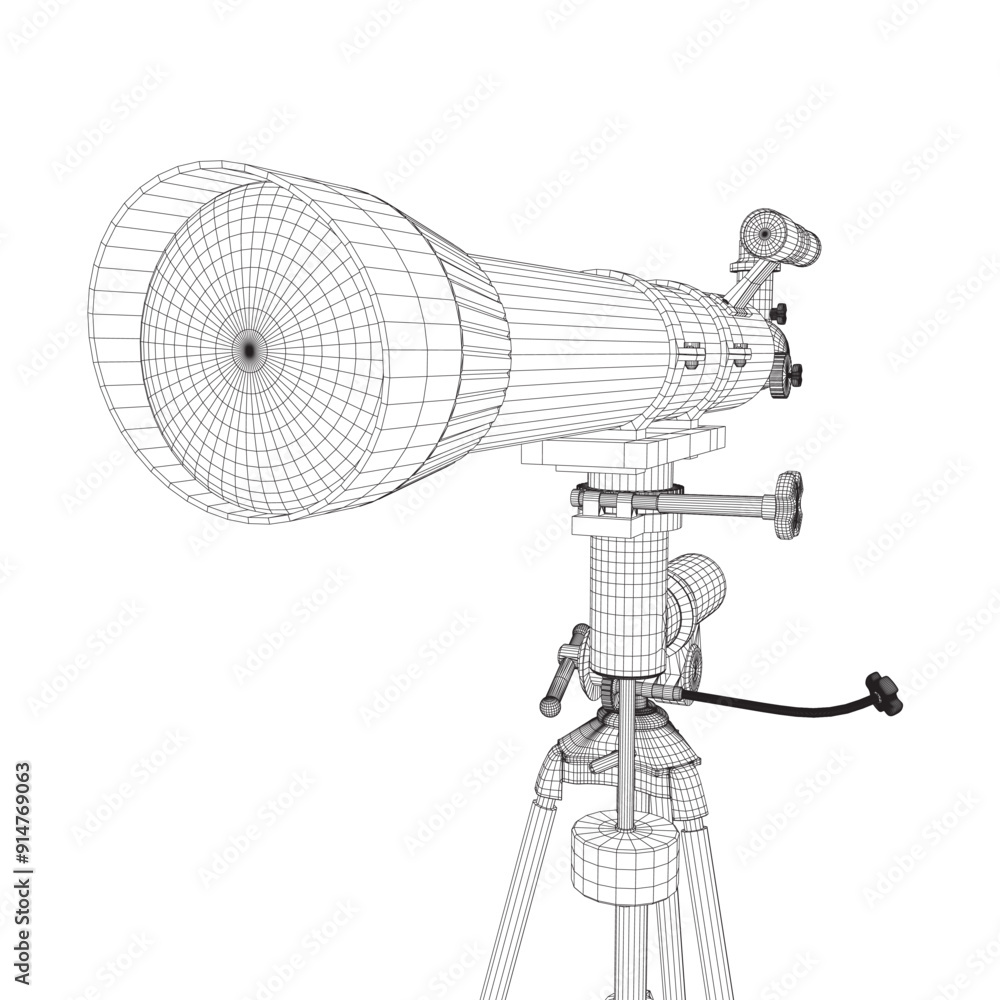 Poster wireframe drawing of telescope - astronomy tool. telescope in simple outline vector illustration. 3d