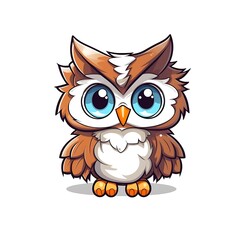 Fototapeta premium Cute Cartoon Owl With Big Blue Eyes Standing On White Background
