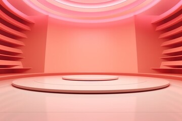 Obraz premium Abstract pink round platform with shelves in a minimalist studio.