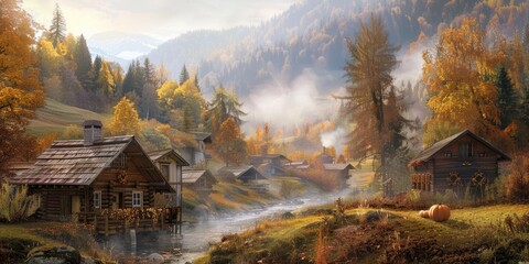 Fototapeta premium Depict a serene autumn morning in a Swiss village, with soft mist rising from the valley.