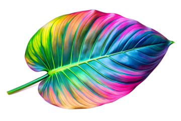 Neon color tropical leaf isolated on the transparent PNG background