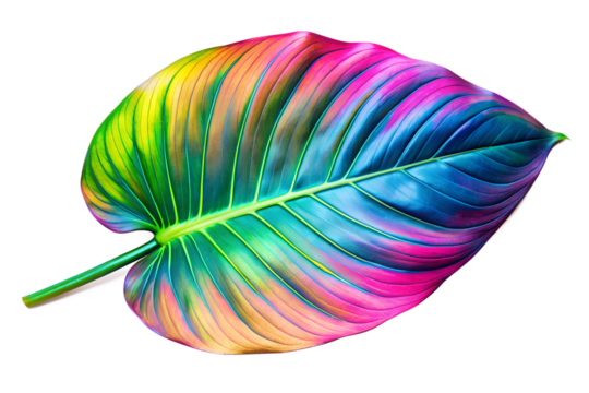 Neon color tropical leaf isolated on the transparent PNG background
