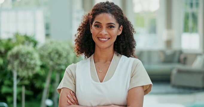 Happy woman, masseuse and professional with confidence at beauty spa for physical therapy or treatment. Portrait of female person, therapist or beautician with smile and arms crossed at luxury resort