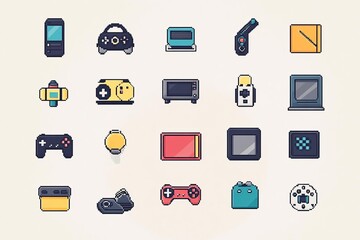 A minimalist graphic featuring retro gaming icons reimagined in a sleek, modern design Minimalist