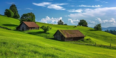 Obraz premium Present a peaceful summer scene of rolling green pastures in the Swiss countryside, with cows grazing contentedly.