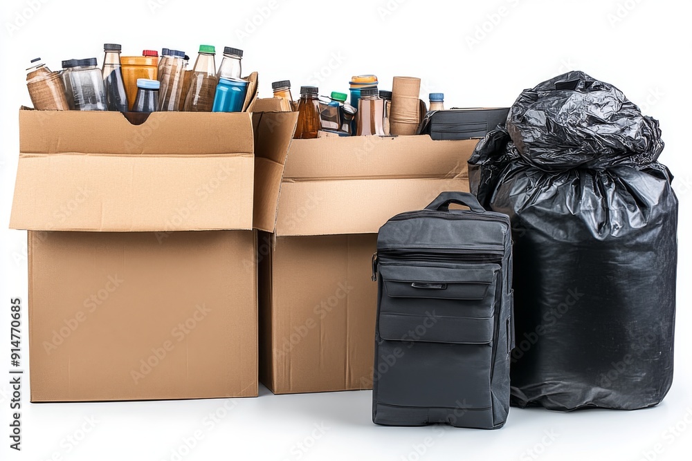 Poster recycling awareness: box overflowing with waste materials urging responsible disposal and reuse prac