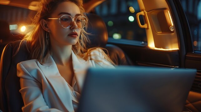 Businesswoman enjoying comfortable ride in luxurious limousine while working on laptop computer : Generative AI