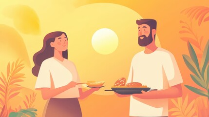 A couple sharing a meal at sunset, enjoying a romantic outdoor dining experience amidst tropical scenery.