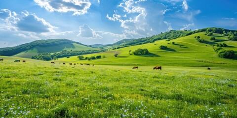 Fototapeta premium Capture a peaceful summer meadow with lush green grass and vibrant wildflowers, where a small herd of cows grazes contentedly. 