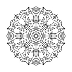 Floral ornamental mandala in black vector folk illustration.