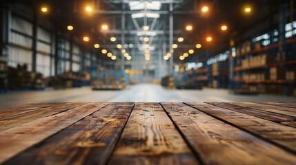 Empty wood table top with blur background of warehouse of factory The table giving copy space for placing advertising product on the table along with beautiful industrial warehouse bac : Generative AI