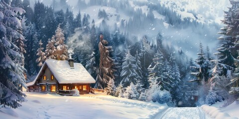 Illustrate a snowy winter landscape featuring a cozy Swiss chalet with smoke rising from the chimney, nestled among snow-covered pine trees.