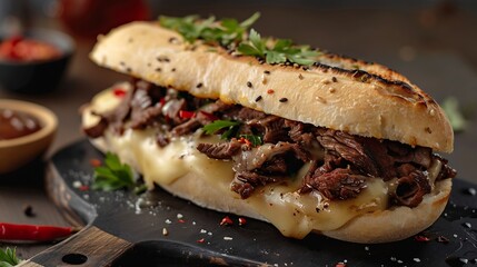Barros Luco sandwich popular in Chile beef with melted cheese on black table and wooden board with copy space concept of typical Chilean food : Generative AI