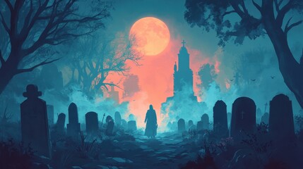 Obraz premium A haunting graveyard scene under a full moon, shrouded in mist, evoking mystery and the supernatural.