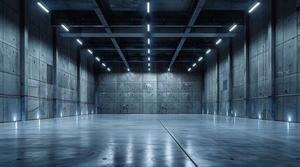 empty interior of large concrete room as warehouse or hangar with spotlights : Generative AI