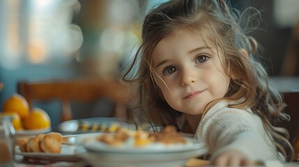 Little caucasian girl enjoing food sitting at table indoors Child have a meal Organic breakfast healthy nutrition concept Kid eating : Generative AI