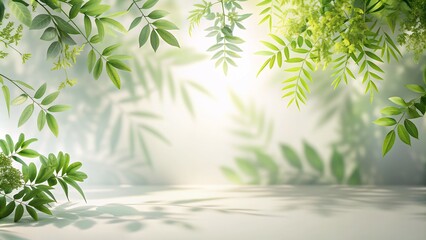 Obraz premium Background features a mesmerizing array of softly blurred leaves adorning a clean white wall. The minimalist design creates a versatile and natural backdrop for showcasing your products.