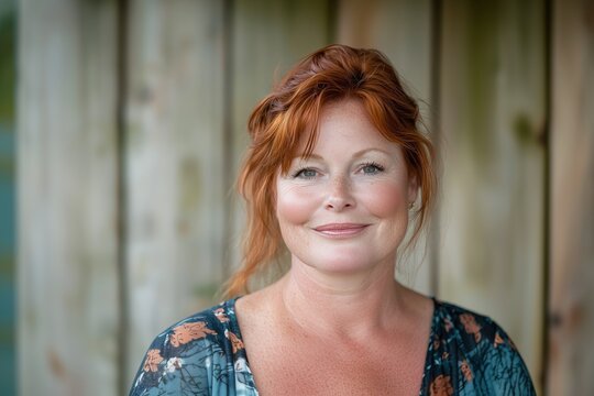 Smiling chubby ginger haired housewife posing at her home backyard looking at the camera	