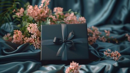Elegant mockup black gift box is placed on a luxurious silk bed with a beautiful bouquet of flowers creating a sophisticated and stylish setting perfect for special occasions and celeb : Generative AI