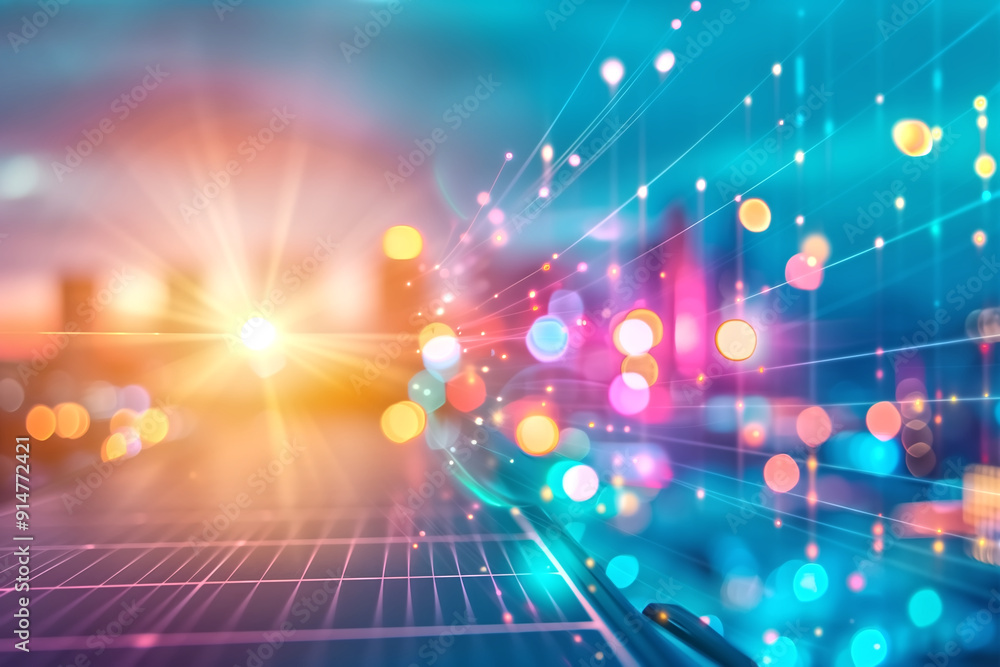 Poster futuristic digital technology background with colorful lights and bokeh effects