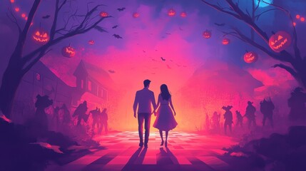 Naklejka premium A romantic couple walks hand in hand through a mysterious landscape filled with whimsical, spooky elements of Halloween.