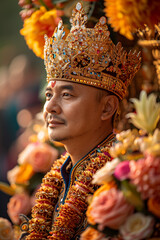 Regal Portrait of Man in Ornate Crown Surrounded by Flowers During Traditional Cultural Ceremony