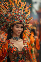 Elegant Woman in Vibrant Traditional Costume with Ornate Headdress at Cultural Festival