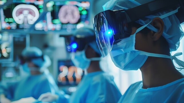 Multiethnic surgeons in AR headsets work in hightech operating room Medical professionals using AI virtual holographic display 3D graphics of health monitors and human organs Future of : Generative AI
