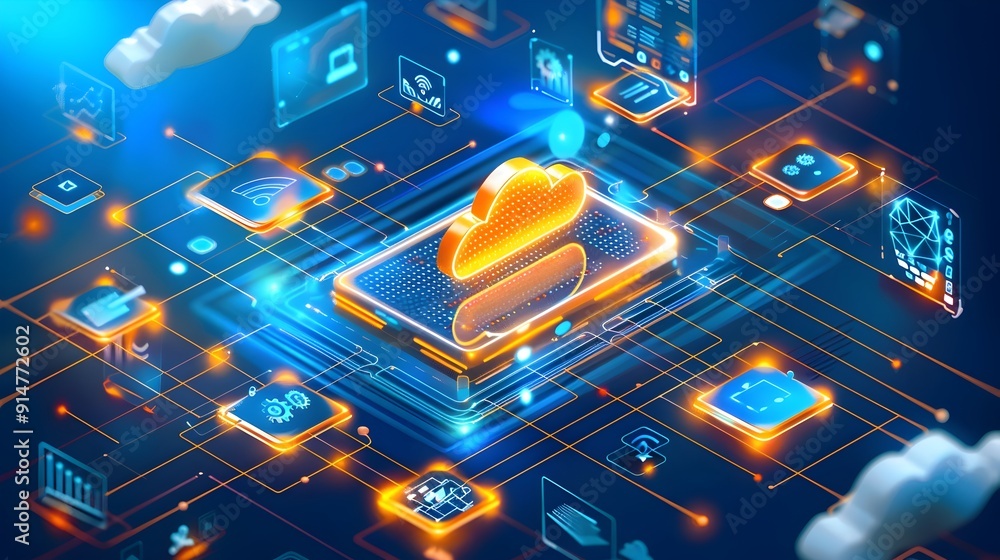 Poster cloud computing network technology illustration.