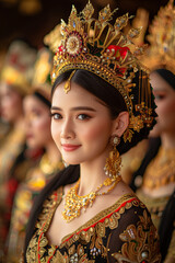 Elegant Traditional Indonesian Dancer with Golden Headpiece and Jewelry, Celebrating Cultural Heritage in a Group Ceremony