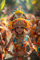 Colorful Traditional Balinese Dance with Intricate Costume and Headpiece, Celebrating Cultural Heritage in Vibrant Festival