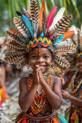 Joyful Child in Traditional Tribal Costume and Feathered Headpiece, Celebrating Cultural Heritage in a Vibrant Festival