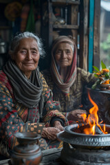 Elderly Women Sitting by Fire, Traditional Cultural Scene in a Rustic Interior