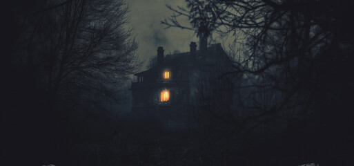 Fototapeta premium Mysterious Old House Illuminated By Dim Yellow Lights Amidst Dark Trees At Night