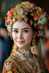 Exquisite Traditional Bridal Portrait: Asian Woman in Ornate Ethnic Attire, Adorned with Vibrant Floral Headdress, Elegant Jewelry, and Intricate Makeup