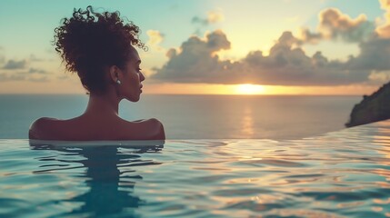 Fototapeta premium Young woman enjoying the edge of the water of a luxurious infinity pool merging with the horizon on the background of the sea in a tropical warm sea resort : Generative AI