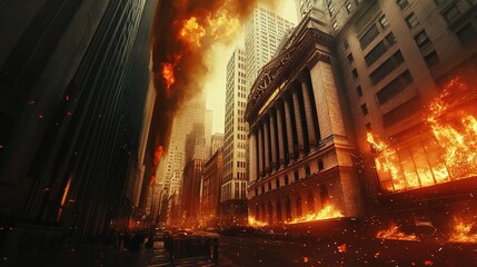 Cityscape engulfed in flames, with people walking amidst the destruction.