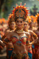 Vibrant Traditional Balinese Dancer in Colorful Costume During a Cultural Festival Parade