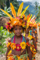 Children in Vibrant Tribal Costume with Feathered Headdress and Floral Decorations
