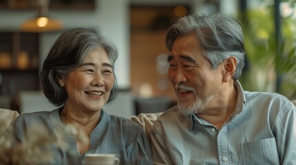 Obraz premium Senior couple coffee and happy on couch in conversation relax and talking in home living room Old man elderly woman and smile for bonding with care love and chat in retirement on sofa : Generative AI