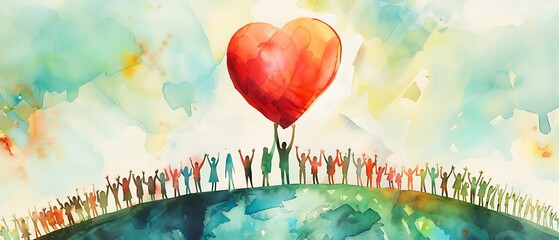 World Children´s Day, World Earth Day, world peace background banner with children silhouettes raised arms towards to a red heart stand on globe, artistic watercolor illustration
