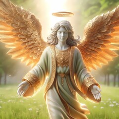 Golden angel statue in the sky above a Thai temple