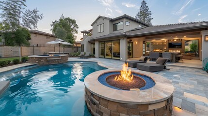 New home beautiful backyard with custom pool with fire pit : Generative AI