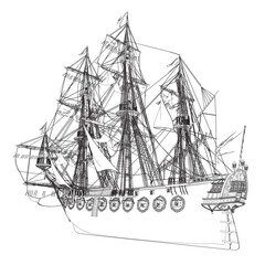 Outline of an ancient sailing frigate made of black lines isolated on a white background. Vector illustration.