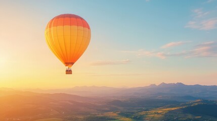 Obraz premium A vibrant hot air balloon floats gracefully against a stunning sunset, capturing the essence of adventure and serenity in the sky.
