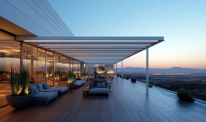 Modern and Elegant Lounge Area with Wood Flooring, LED Lighting, and Desert View at Dusk