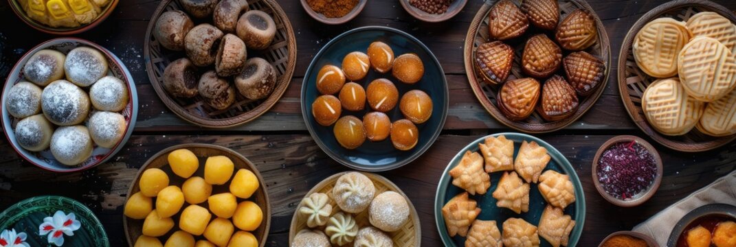 Sri Lankan traditional Aurudu sweet treats Kokis Kewum Aluwa and Aasmi on table top view